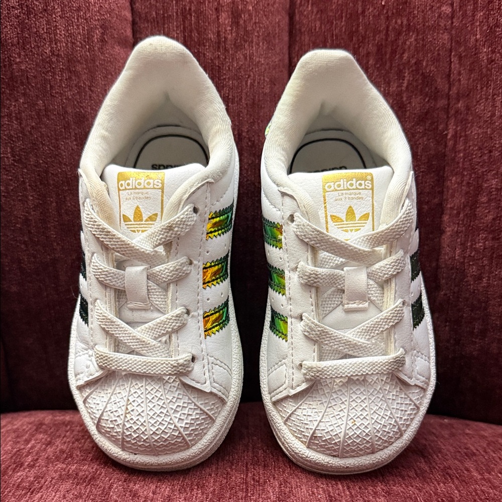 Adidas Kids White Sneakers with Green and Yellow Stripes